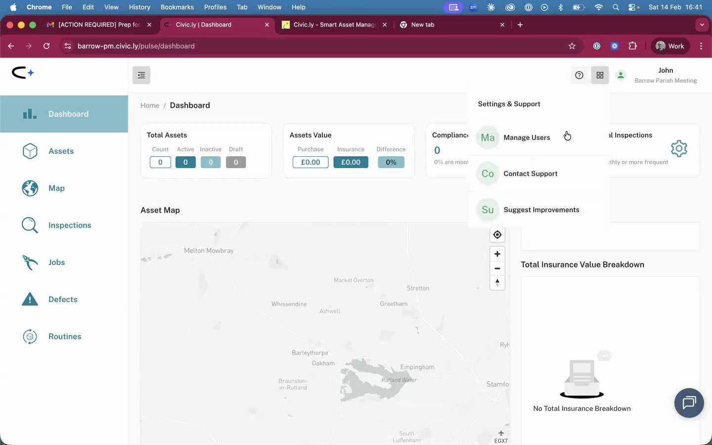 The Settings & Support dropdown menu showing the Manage Users option