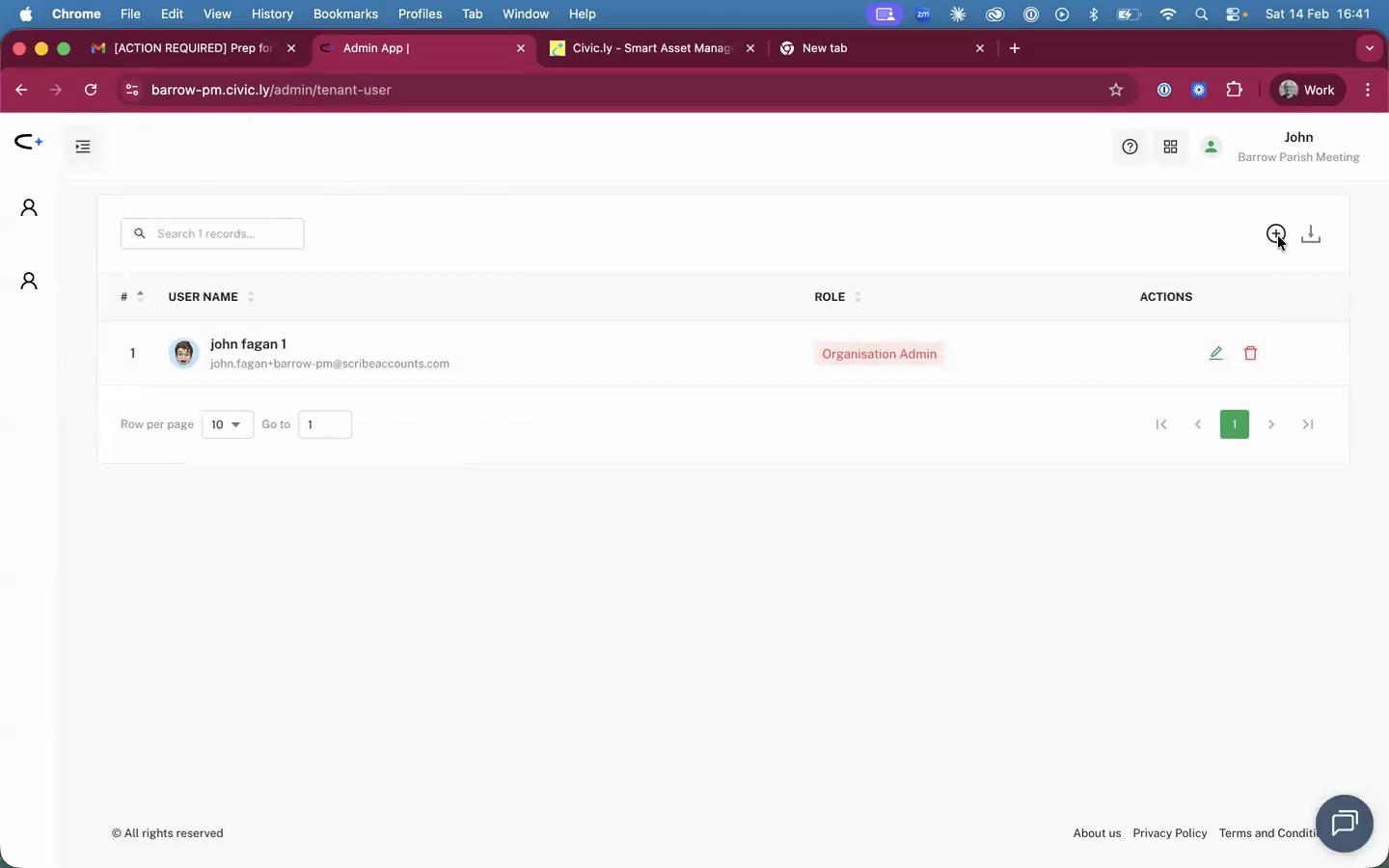 The Manage Users screen showing the list of current users