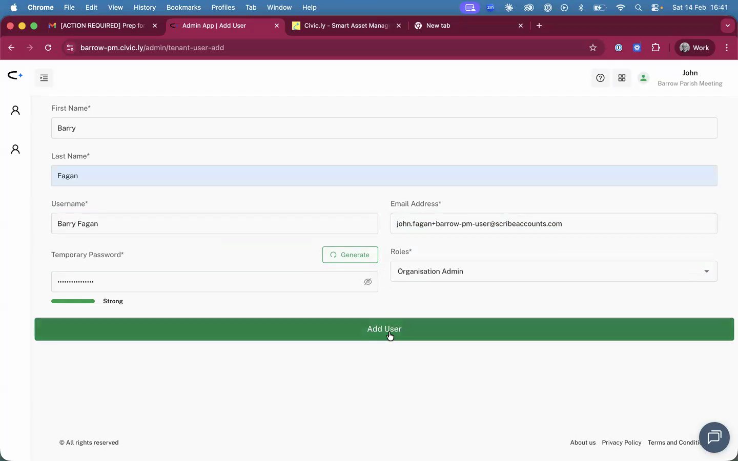 The Add User form filled in with name, email, generated password, and role