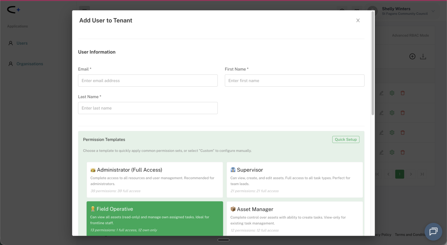 The Add User to Tenant window with Email, First Name and Last Name fields and a Permission Templates section showing the Administrator, Supervisor, Field Operative and Asset Manager cards