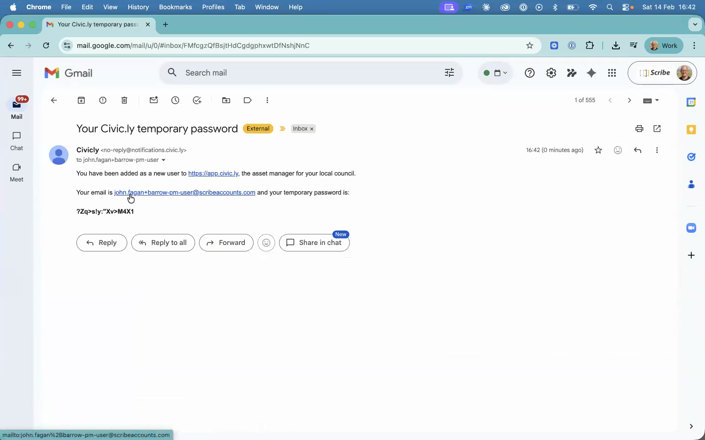 The invitation email with temporary password in Gmail