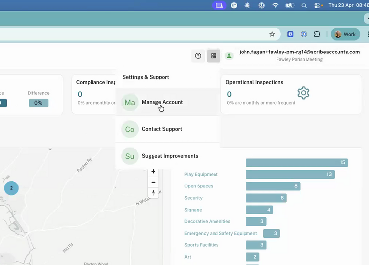 Close-up of the top-right corner of the Civic.ly web app, showing the four-squares app switcher icon and the Settings & Support dropdown with Manage Account, Contact Support, and Suggest Improvements options