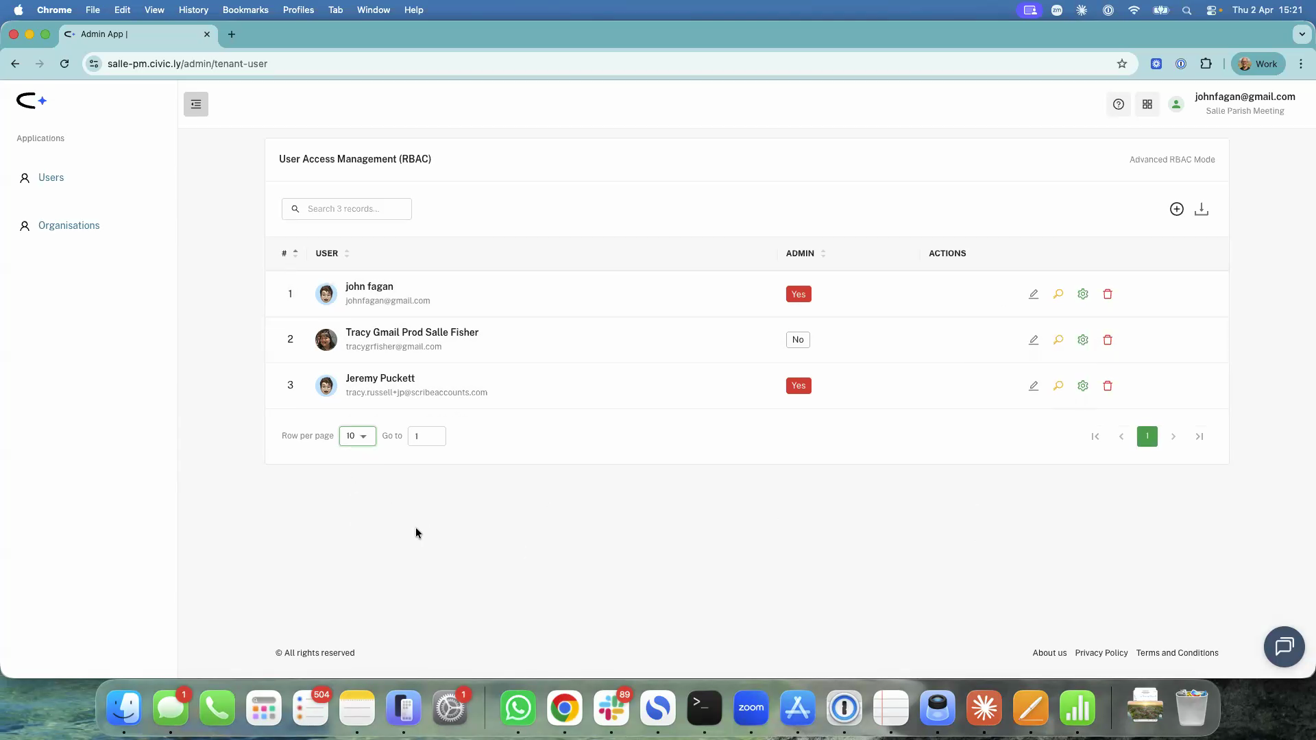 The User Access Management screen showing three users with admin status and action buttons