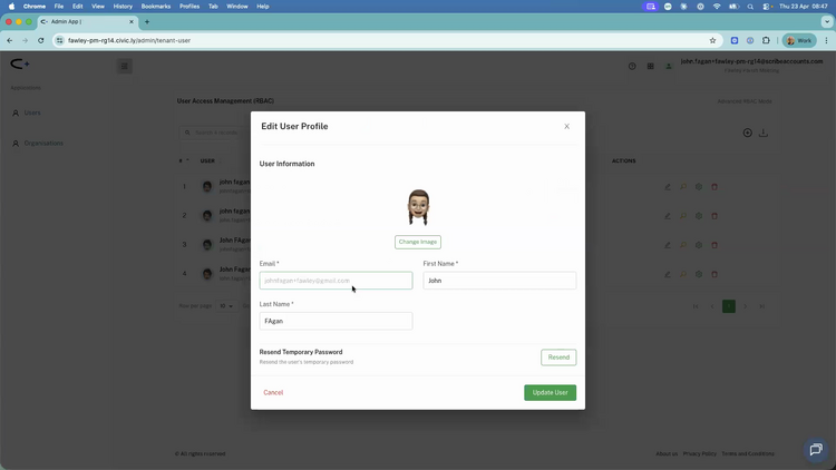 The Edit User Profile dialog showing profile picture, email, first and last name, and a Resend Temporary Password option