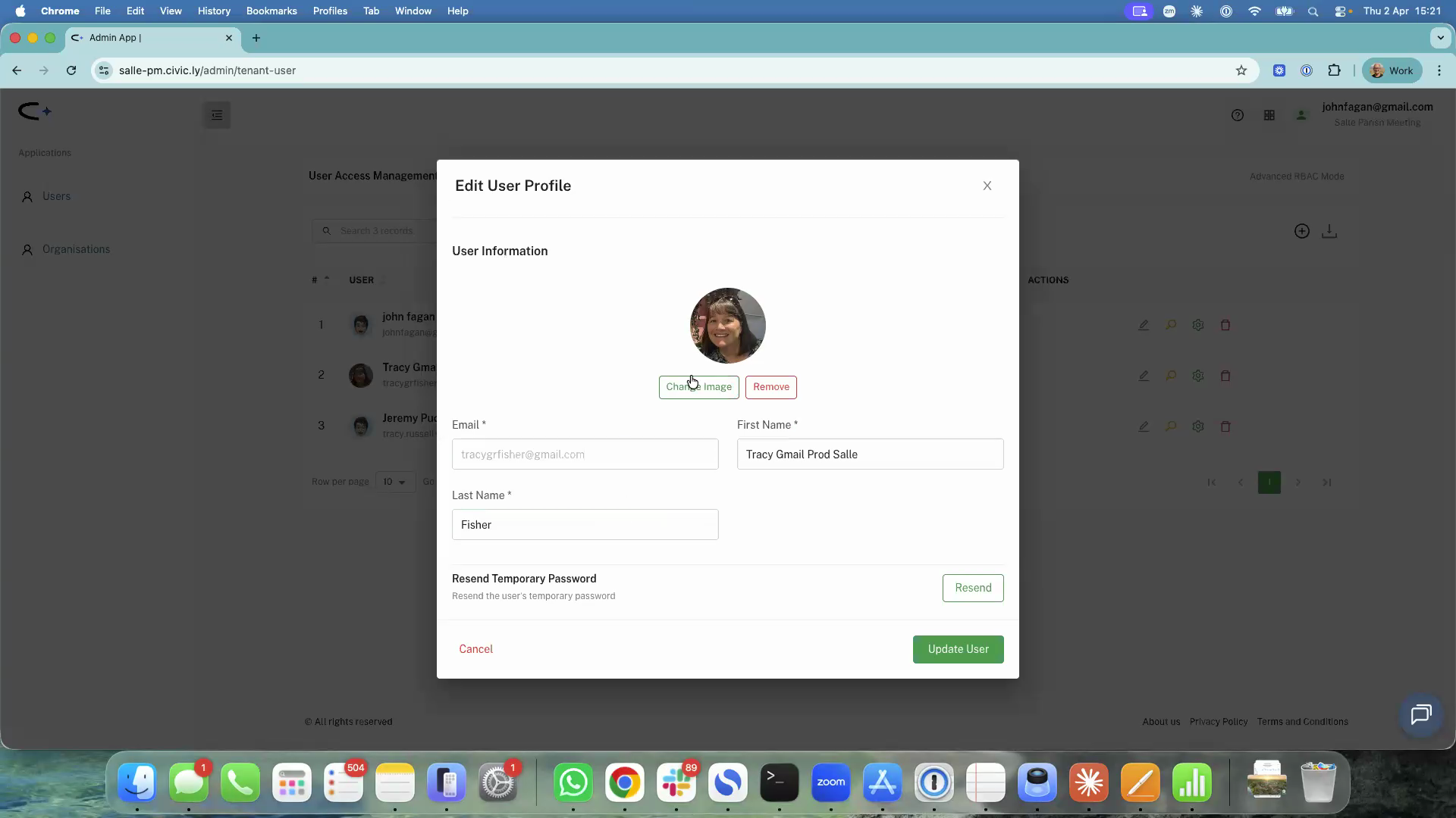 The Edit User Profile dialog showing profile picture, name fields, and resend temporary password option