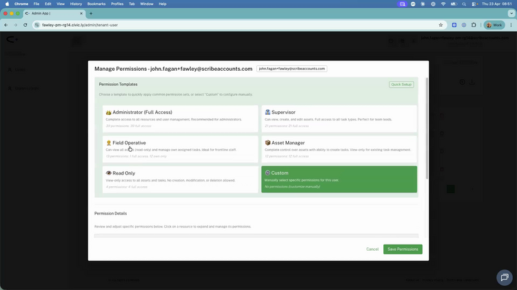 The Permission Templates panel showing six templates: Administrator, Supervisor, Field Operative, Asset Manager, Read Only, and Custom