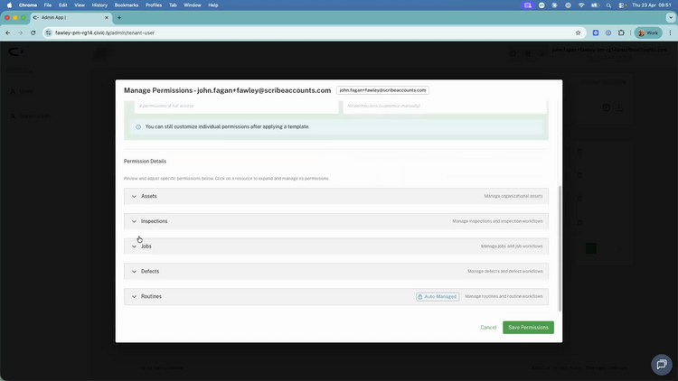 The Permission Details panel listing Assets, Inspections, Jobs, Defects, and Routines with Routines tagged Auto-Managed