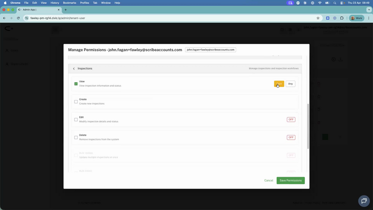 The Inspections resource expanded with View set to Own, and Edit, Delete and Bulk actions automatically disabled and greyed out