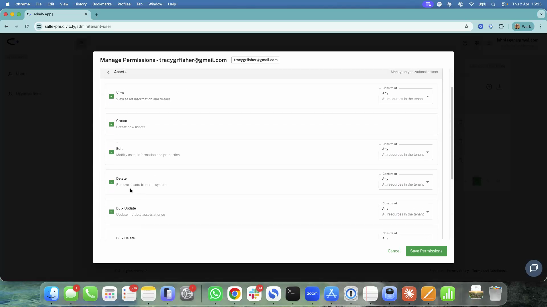 The Assets permissions expanded showing View, Create, Edit, Delete, Bulk Update, and Bulk Delete actions with Own or Any constraints