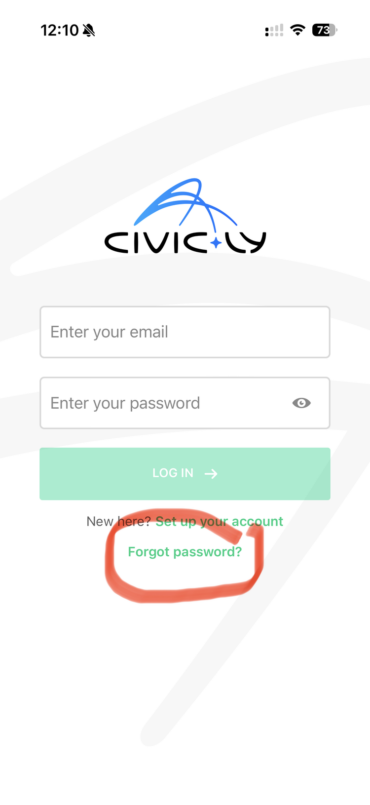 The Civic.ly mobile app login screen with the Forgot password? link highlighted below the Log In button