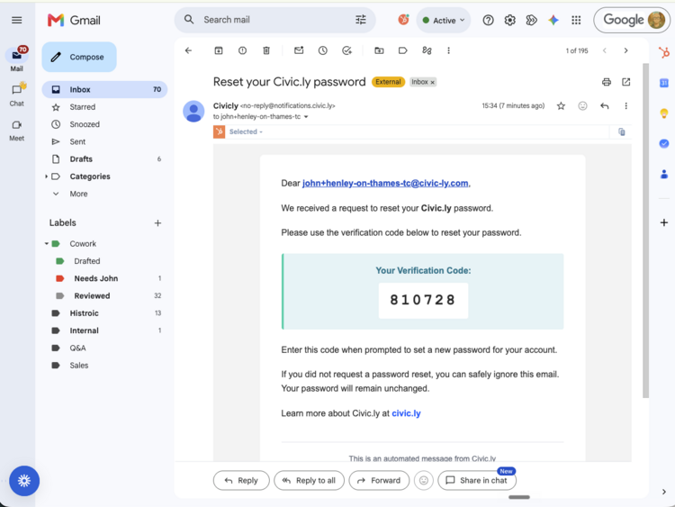 The password reset email from Civic.ly showing a six-digit verification code