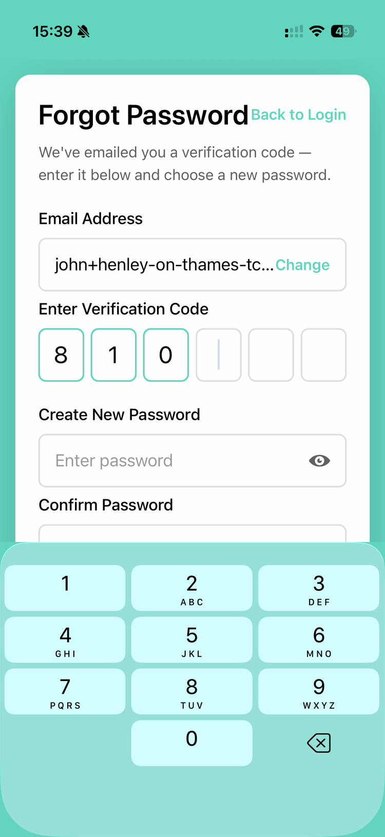 The Forgot Password screen in the app with fields for the verification code, a new password, and confirm password