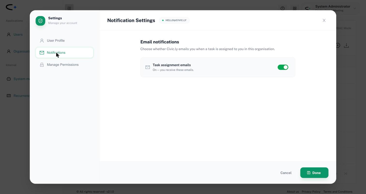 The Notification Settings screen in Civic.ly, with an Email notifications section and a Task assignment emails switch turned on