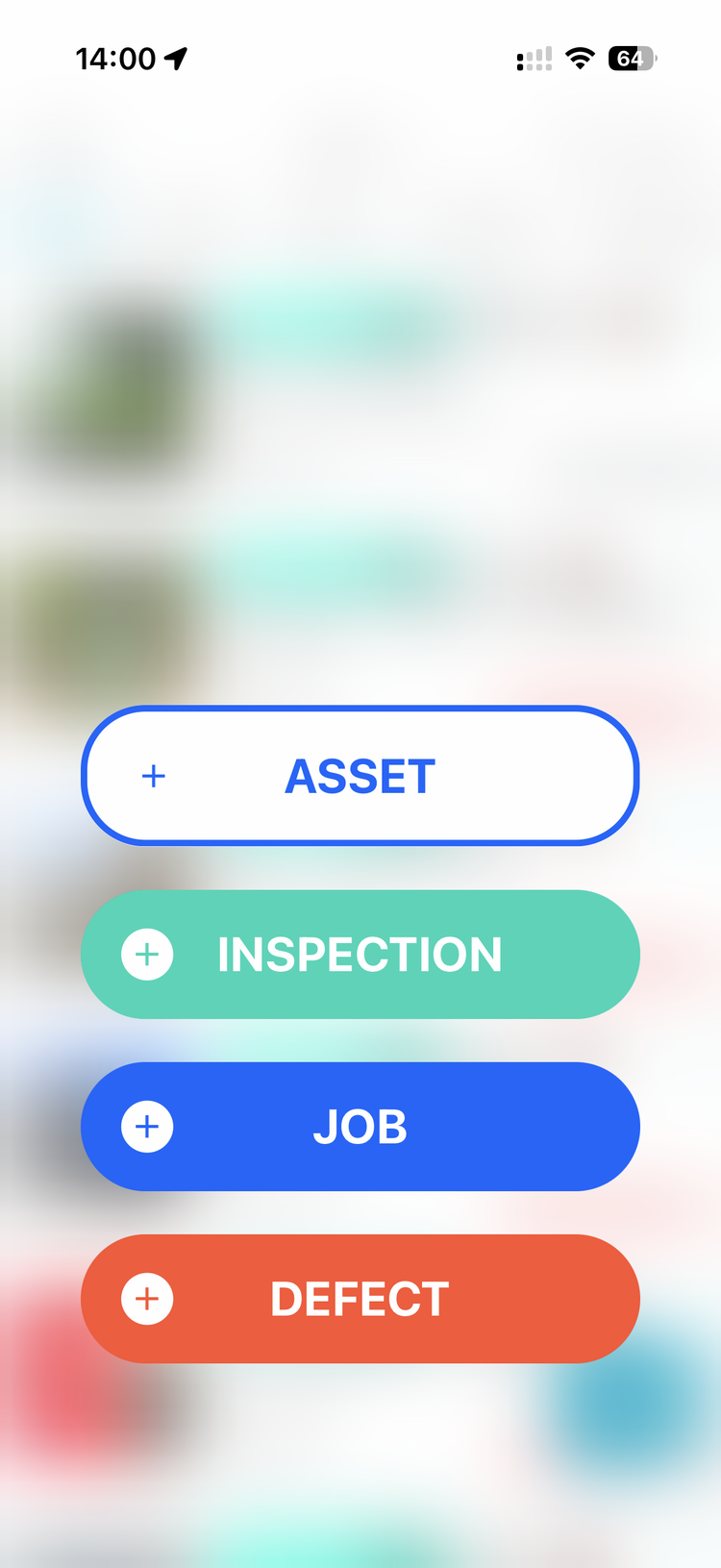 The mobile app's add menu with four buttons: Asset, Inspection, Job and Defect