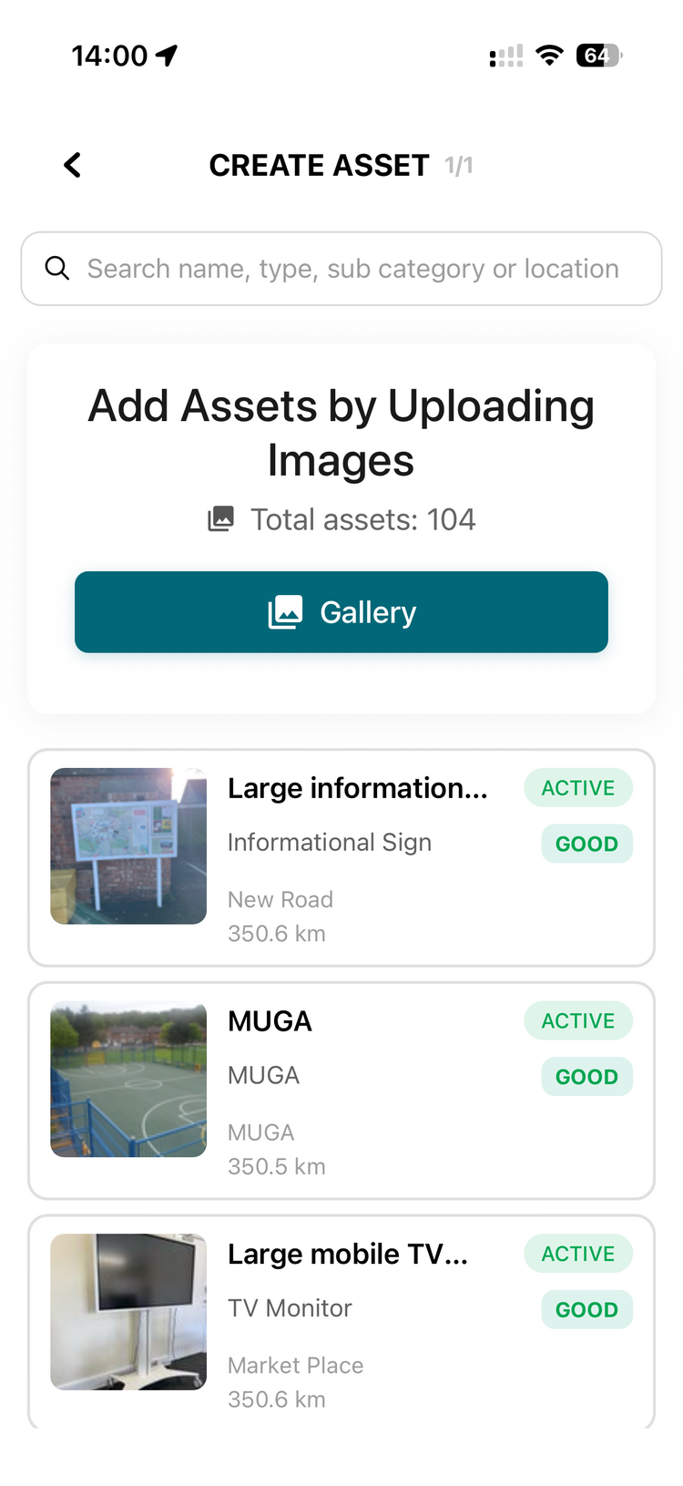 The Create Asset screen titled Add Assets by Uploading Images, with a Gallery button