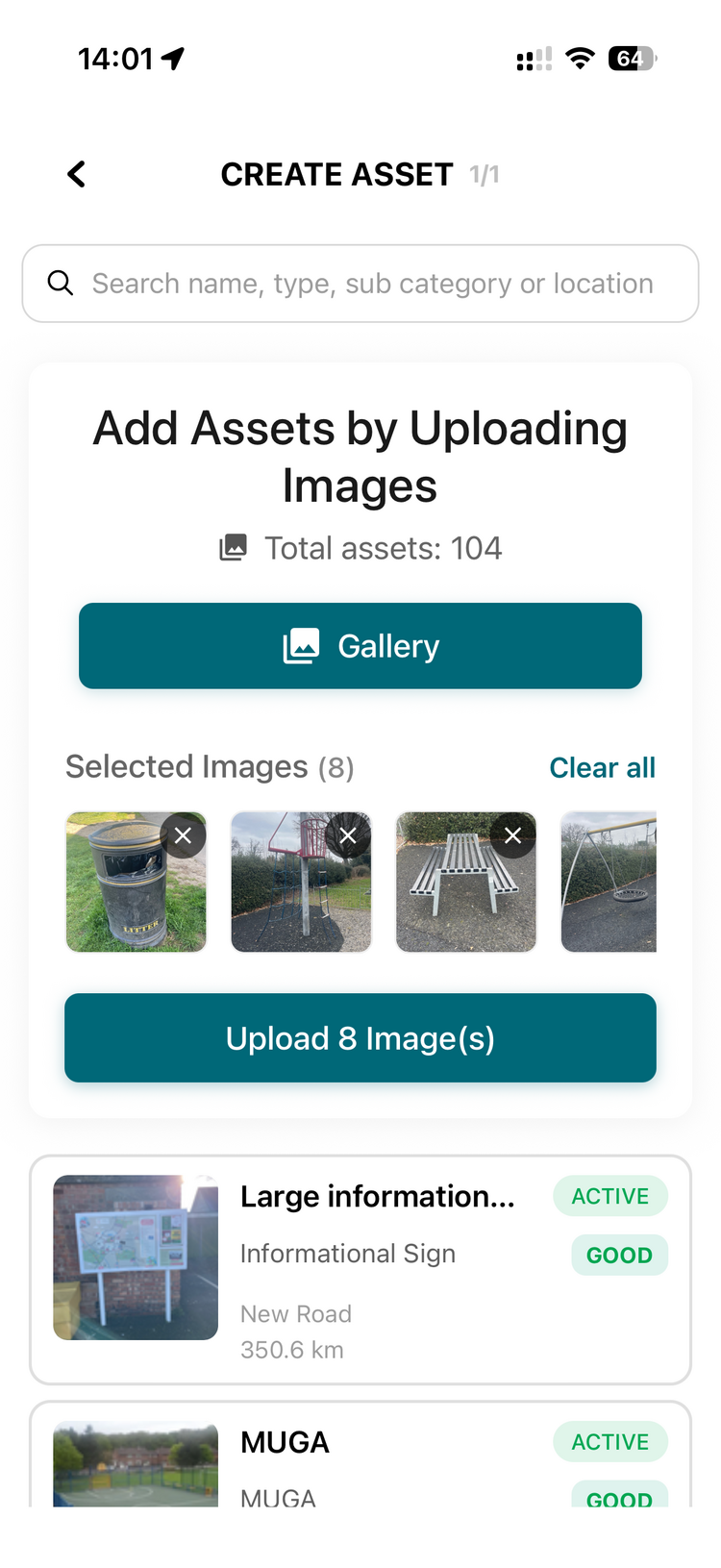 Eight selected photos shown as thumbnails above a button reading Upload 8 Image(s)