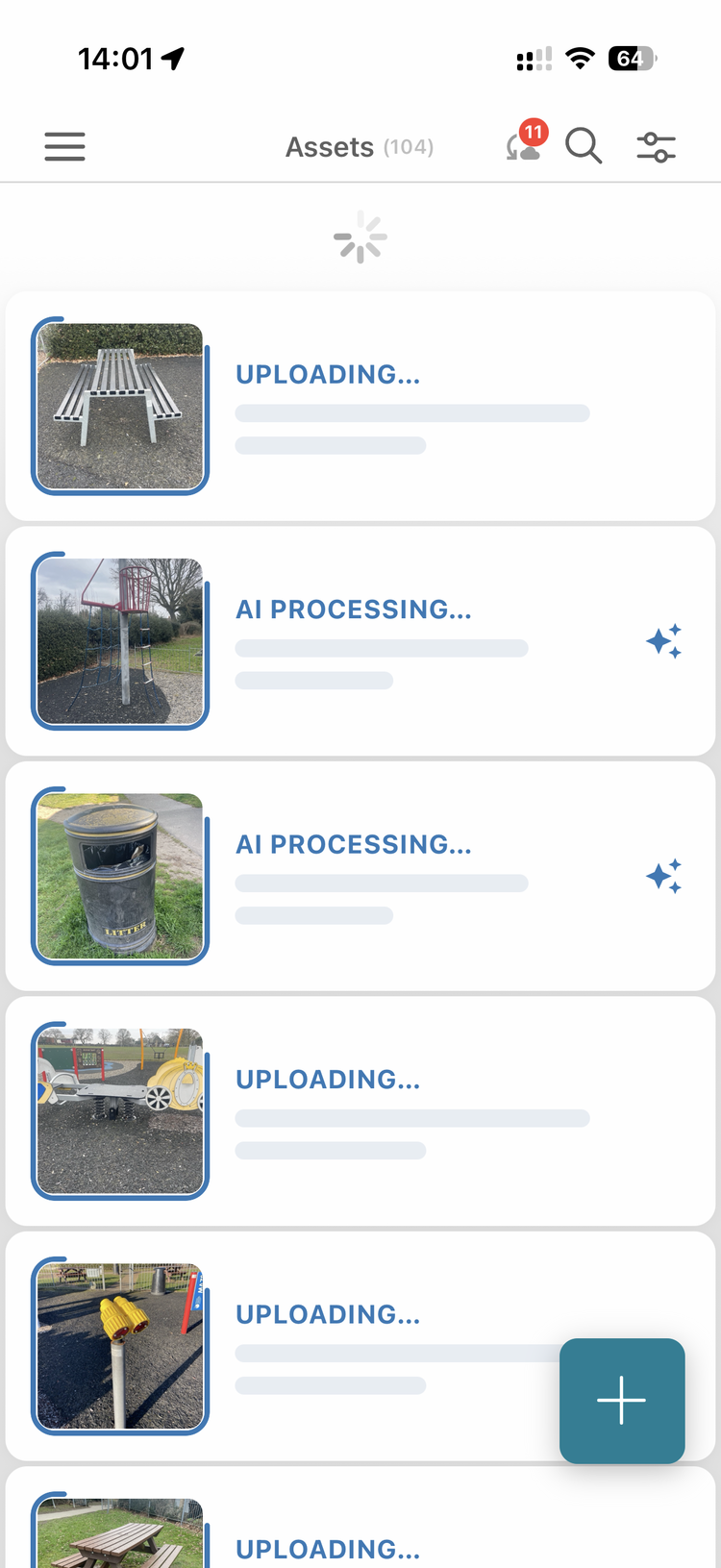 The asset list showing new photos marked Uploading and AI Processing