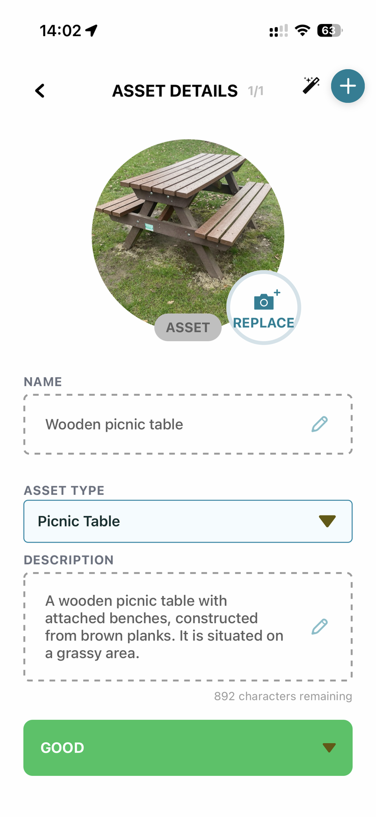 Asset details for a picnic table, showing the AI-suggested name, asset type, description and condition