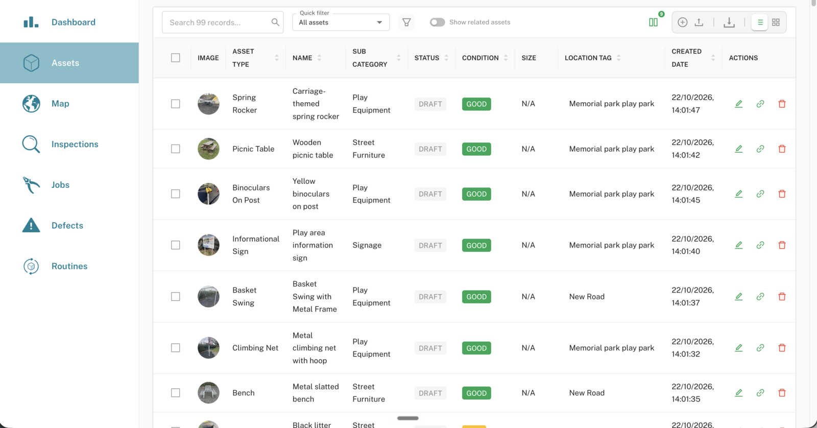 The web app asset list with newly uploaded assets showing Draft status and a location tag