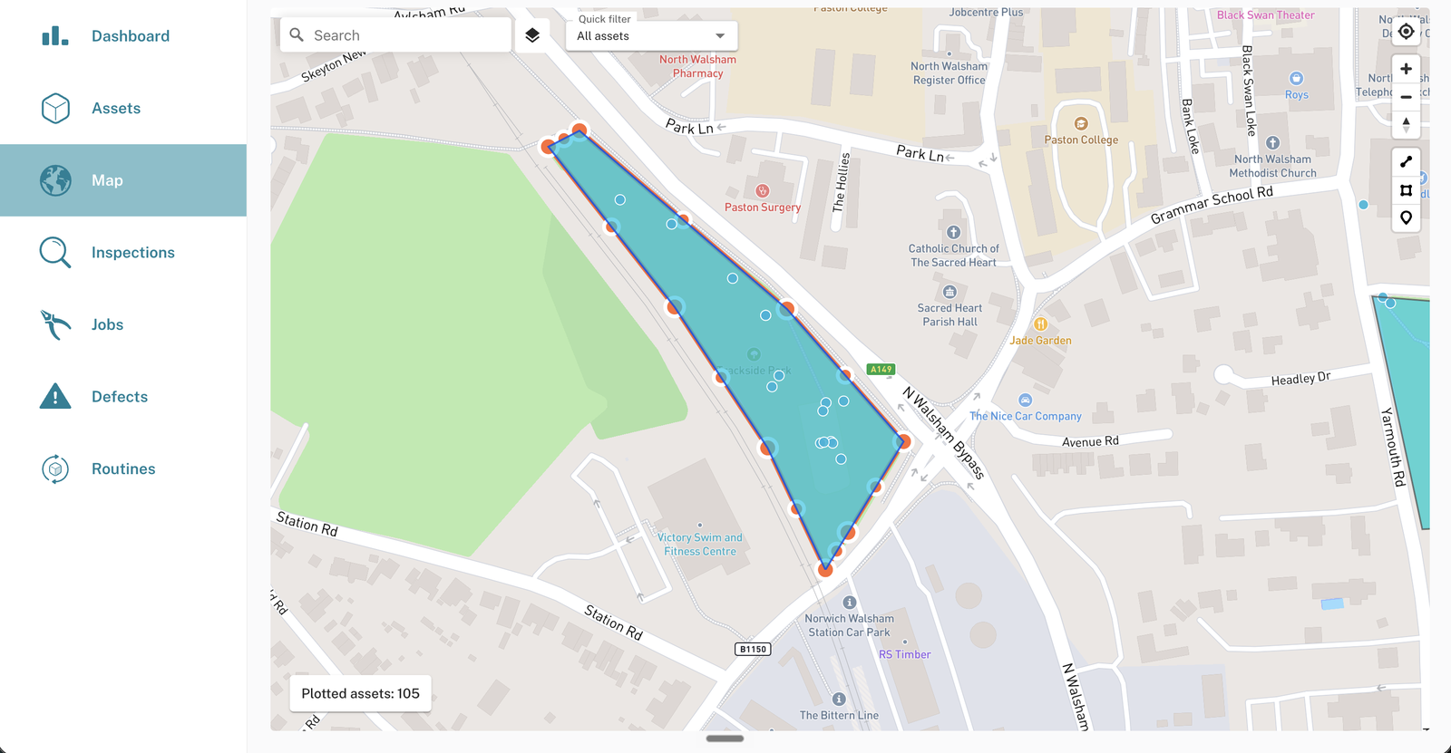 The Civic.ly map with a park boundary drawn as a shaded area and individual asset pins plotted inside it