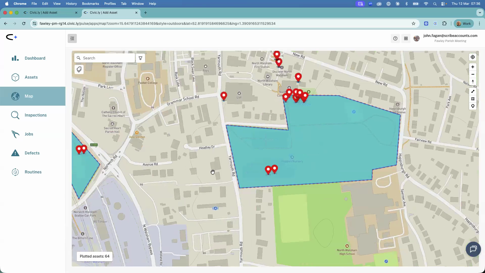 The Civic.ly map showing a large area drawn over a park with individual asset pins inside it