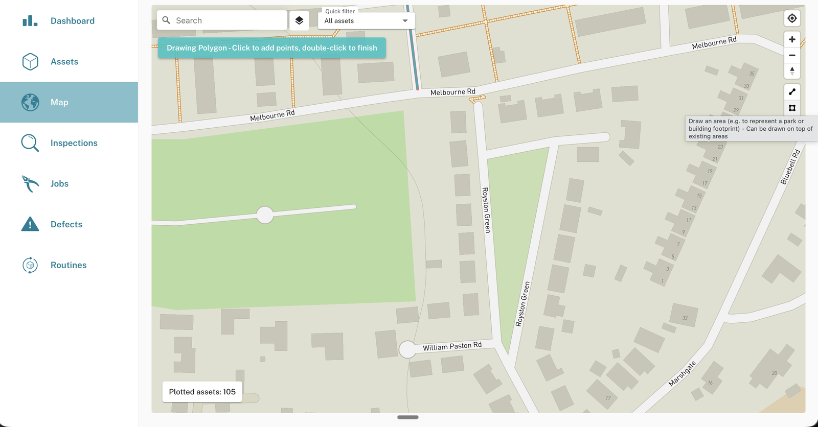 The map drawing tools on the right-hand side, with the area tool hovered and a tooltip reading 'Draw an area (e.g. to represent a park or building footprint)'