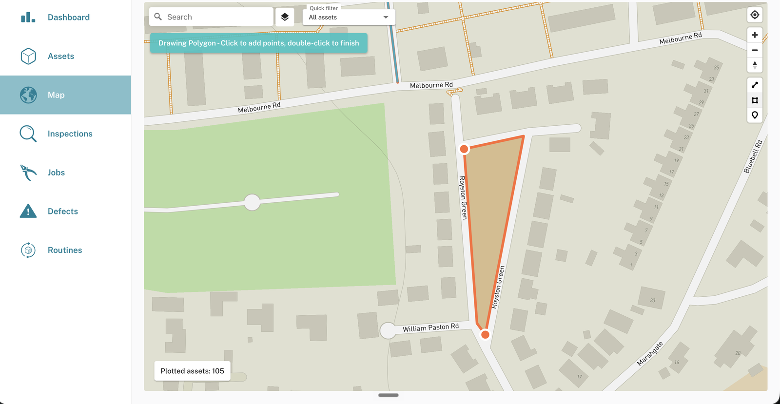 A part-traced boundary on the map with two corner points visible and a banner reading 'Drawing Polygon - Click to add points, double-click to finish'