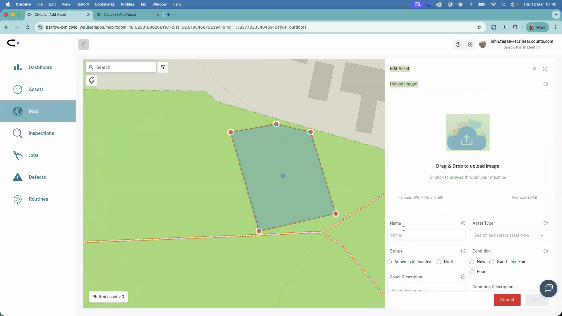A green polygon being drawn around a tennis court with corner points visible and the side drawer open