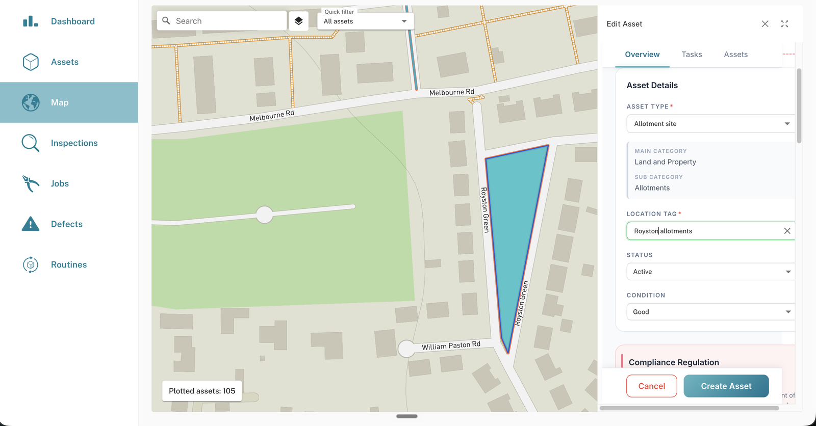 The Edit Asset side drawer showing Asset Type set to Allotment site, and the Location Tag field filled in below it
