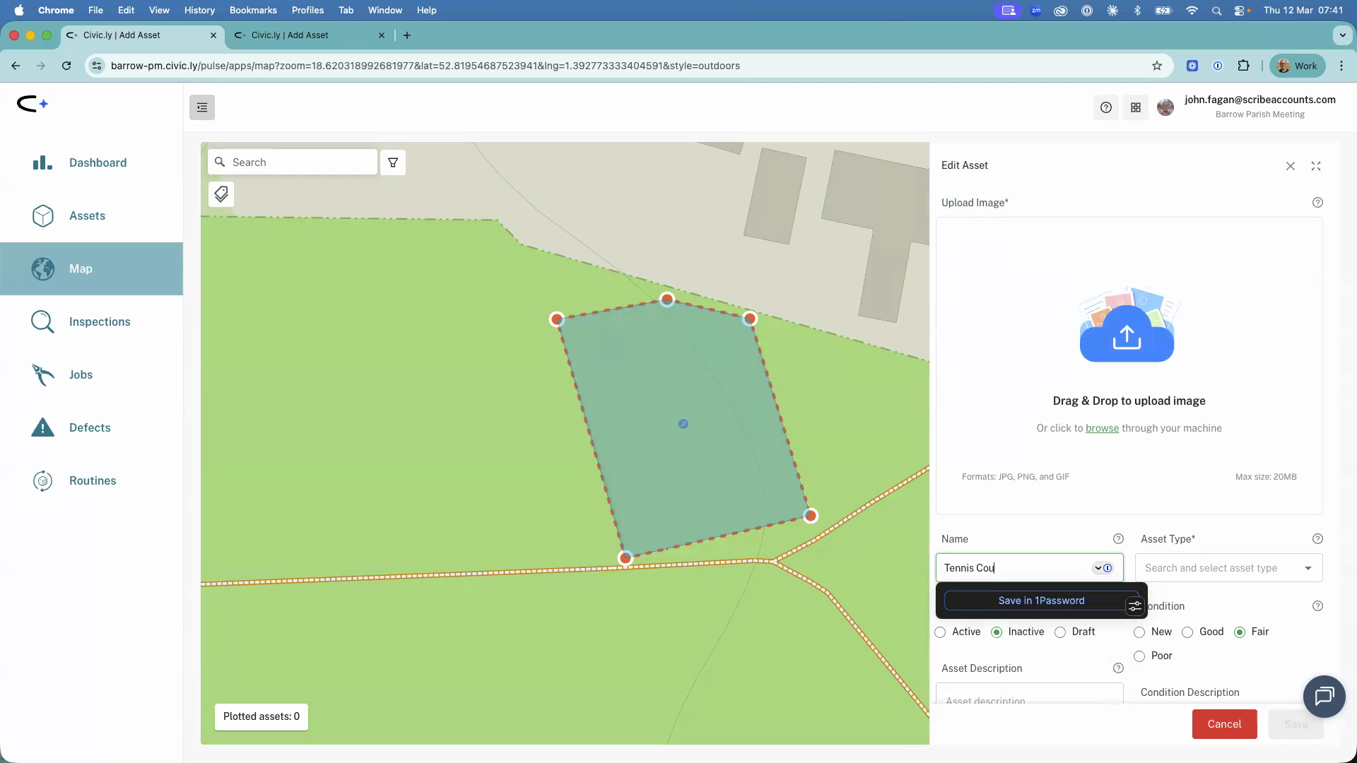 The side drawer showing the area name, asset type dropdown, and status fields being filled in
