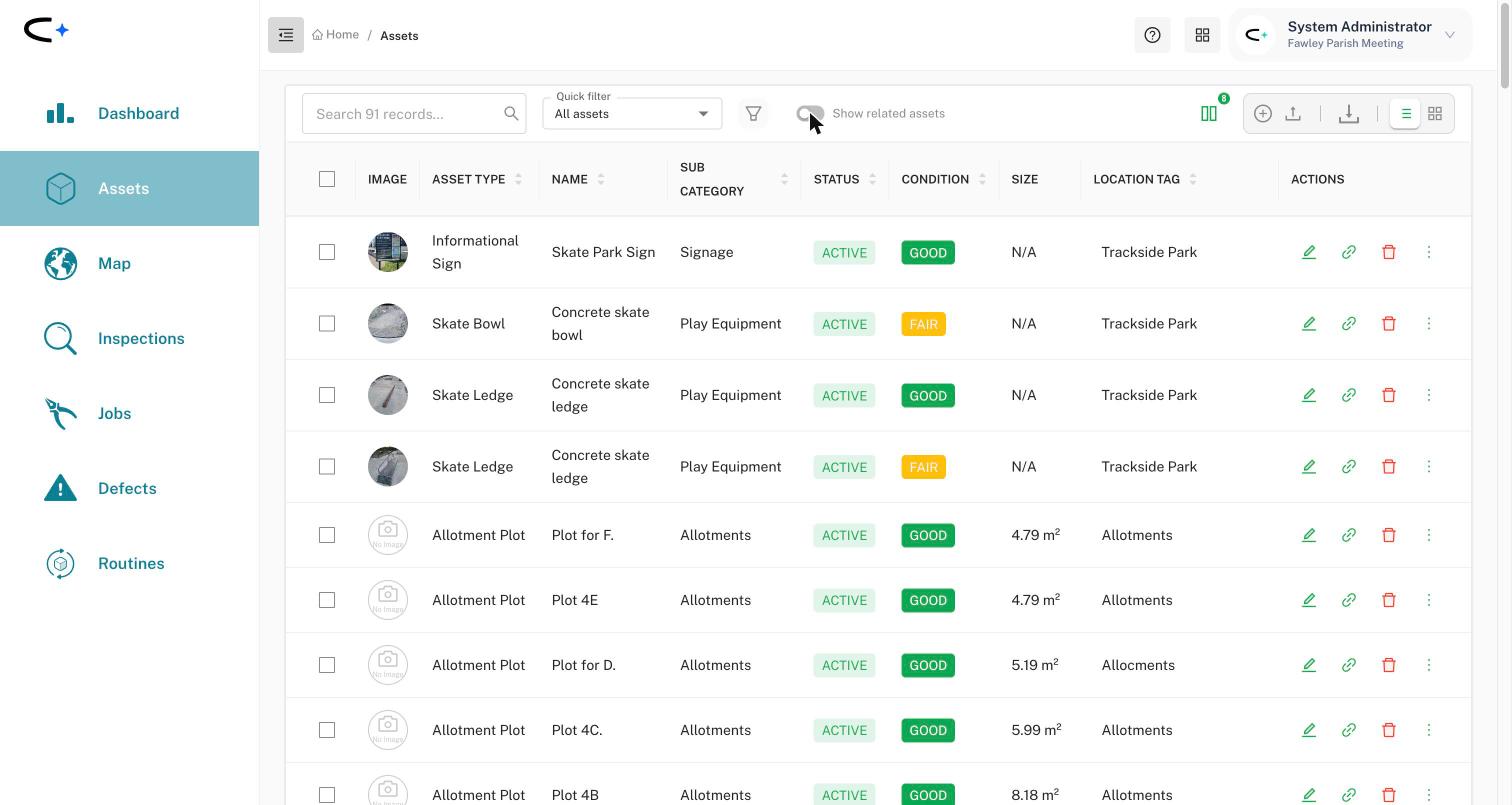 The asset list in the web app, with four icons in each row's Actions column: a pencil, a green chain link, a red bin and three dots