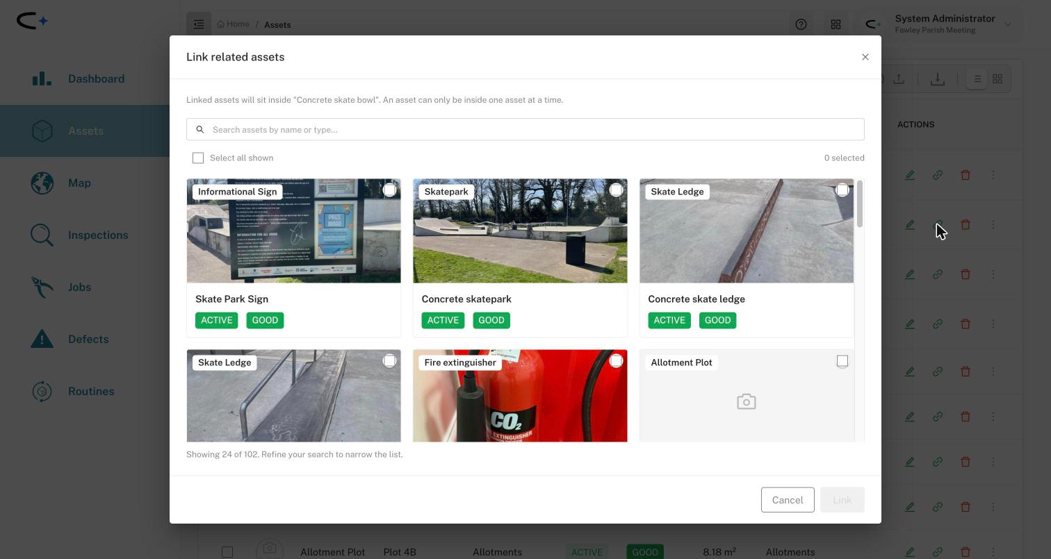 The Link related assets window, with a search box, a Select all shown checkbox, a grid of asset cards with photos and tick boxes, and Cancel and Link buttons