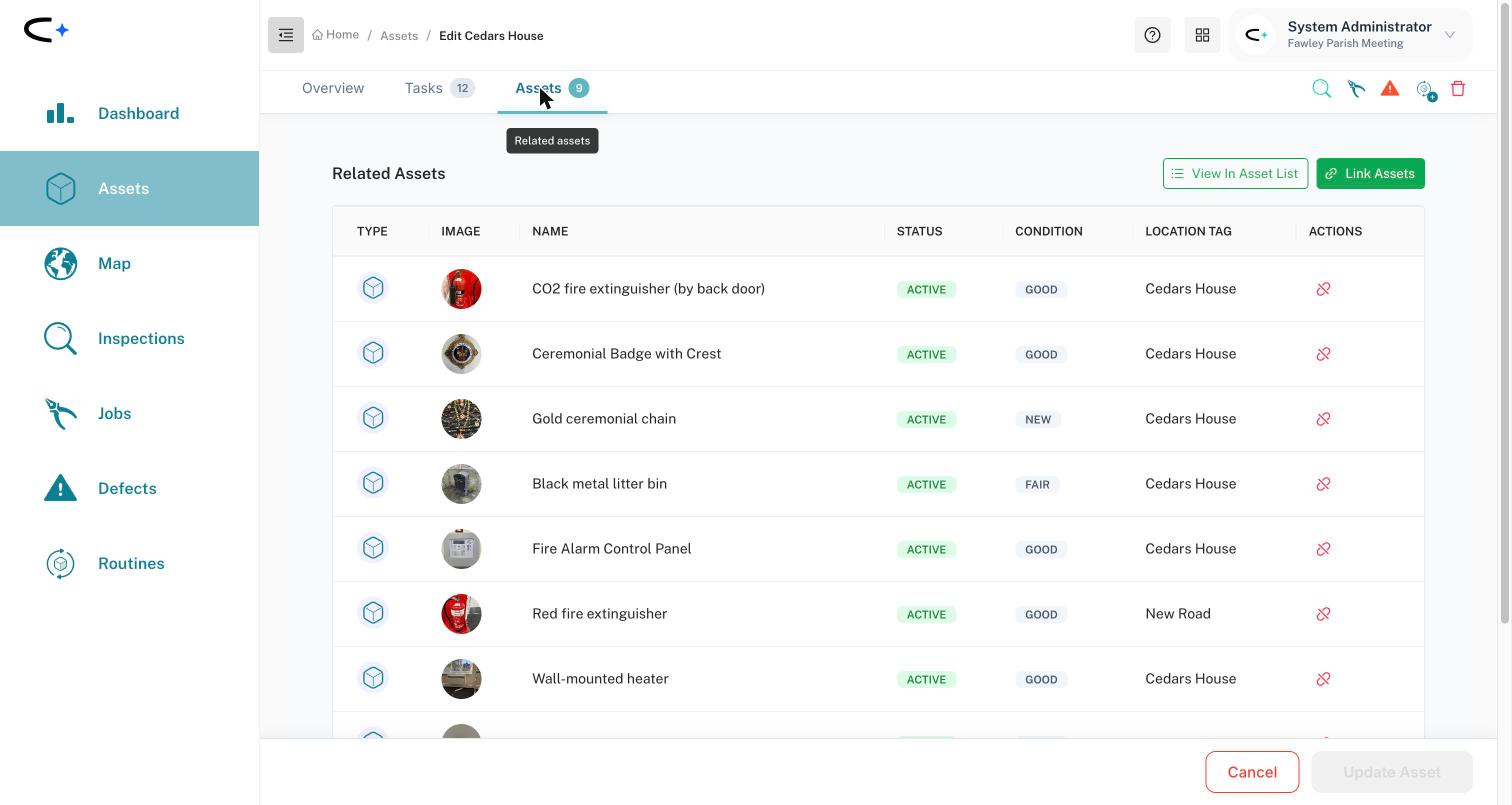 The Assets tab on a building called Cedars House, headed Related Assets, listing nine linked assets with View In Asset List and Link Assets buttons at the top right