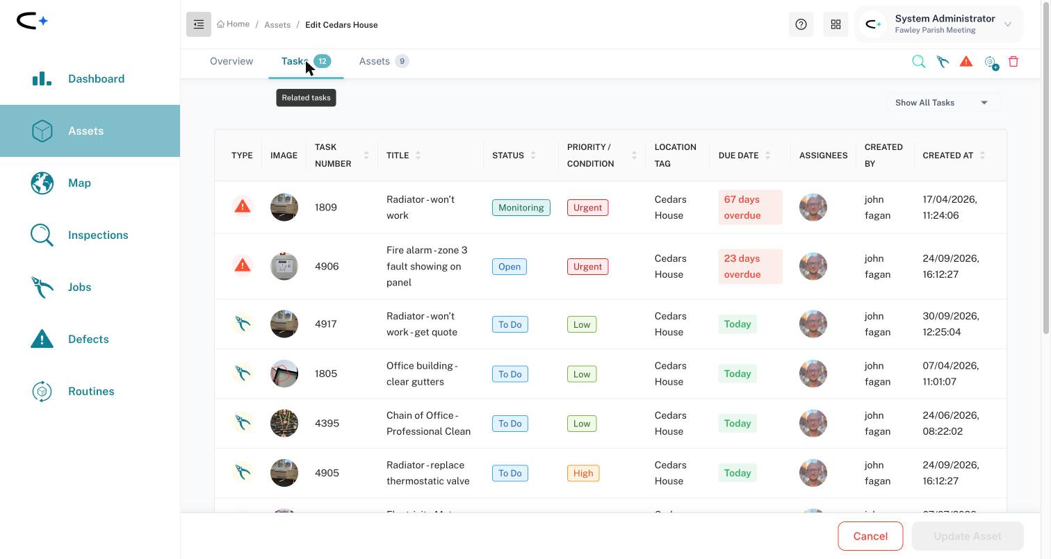 The Tasks tab on Cedars House listing defects, jobs and inspections raised against the radiator, fire alarm, chain of office and other assets inside the building