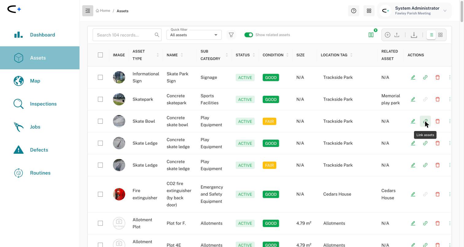 The asset list with the Show related assets switch turned on and a Related Asset column naming the building or park each asset sits inside
