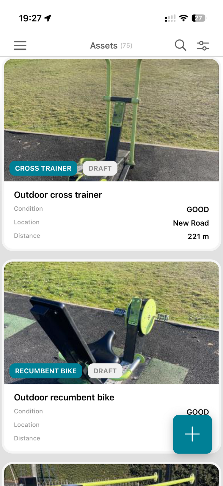 The same list moments later: Outdoor cross trainer and Outdoor recumbent bike, named and typed with condition Good