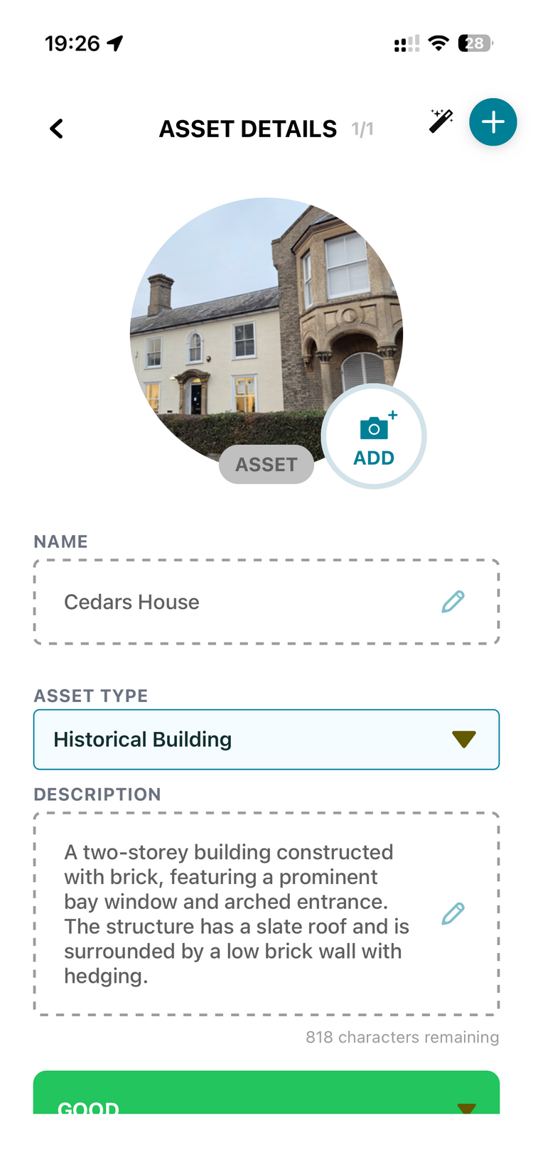 An asset's detail screen with the AI-written name, type and description for a historical building