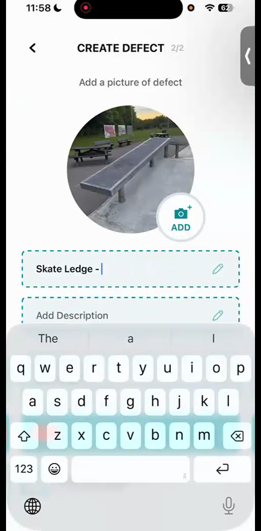 The Create Defect screen on the mobile app, with a photo, title and description