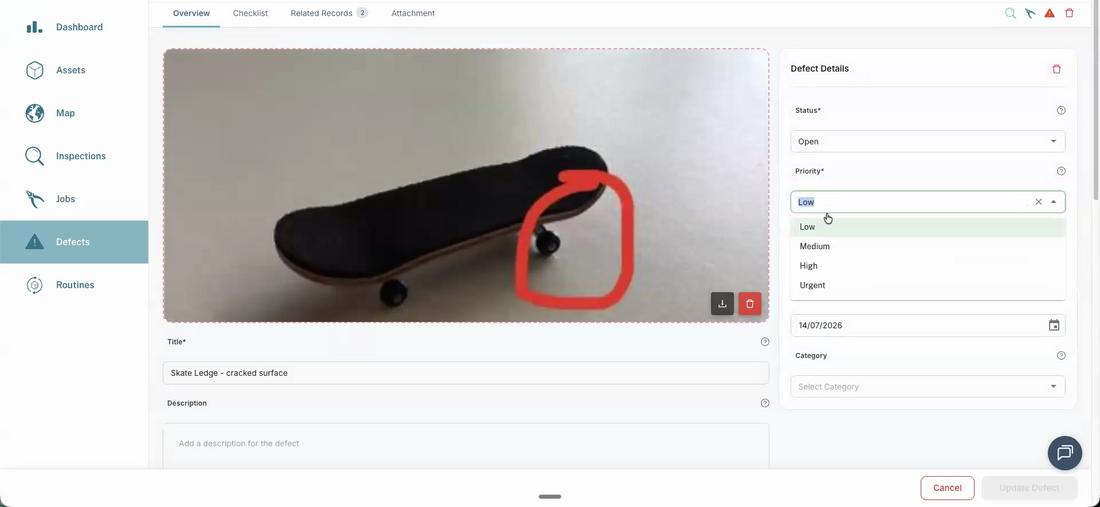 The defect priority dropdown open on the web app