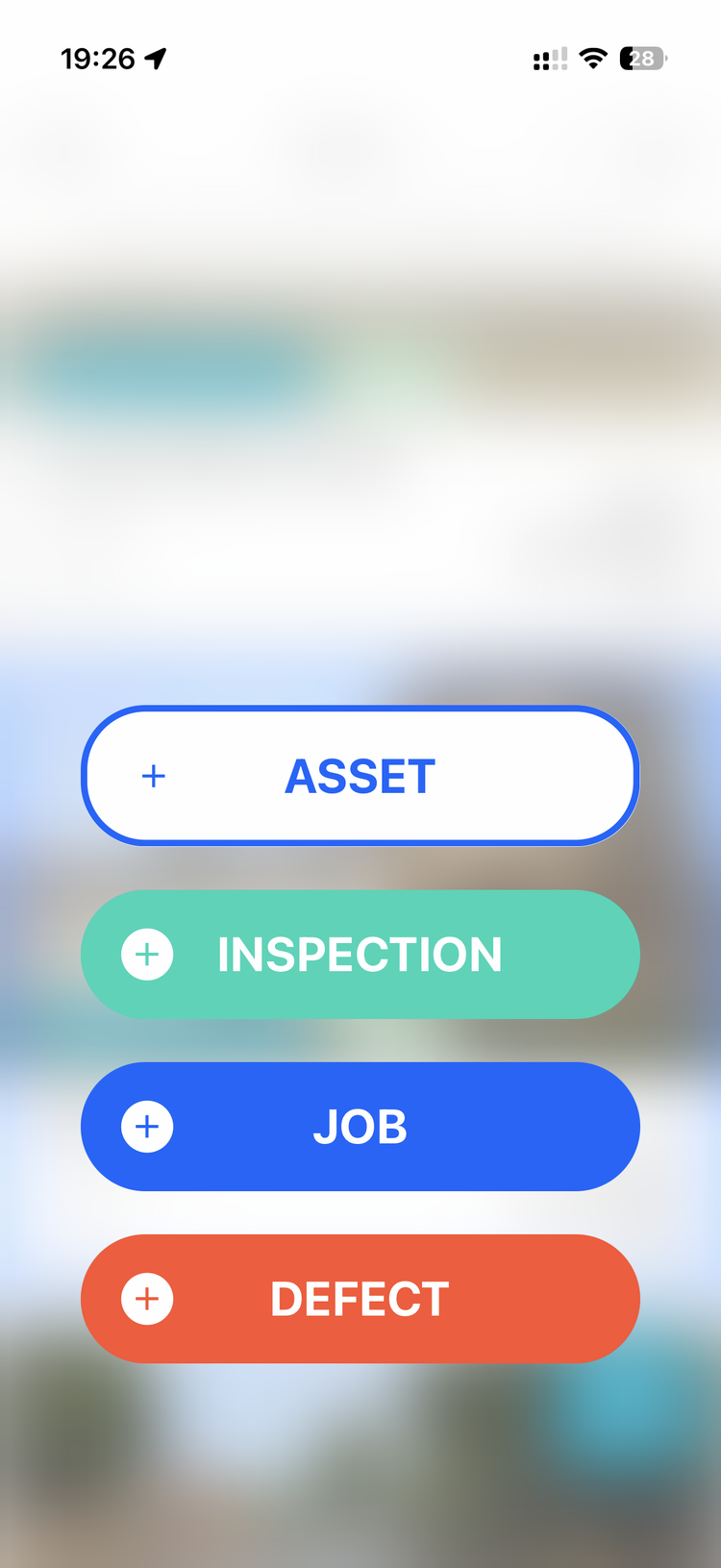 The mobile app's global plus menu: Asset, Inspection, Job, Defect