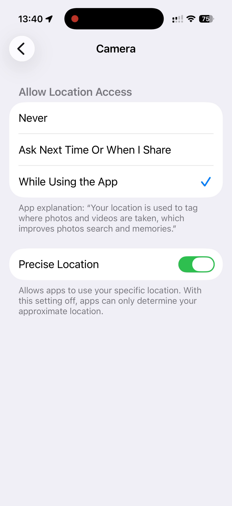 iPhone Camera location permission set to While Using the App with Precise Location toggled on