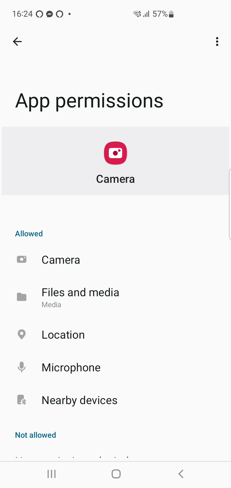Samsung Galaxy Camera app permissions screen with Location in the Allowed list