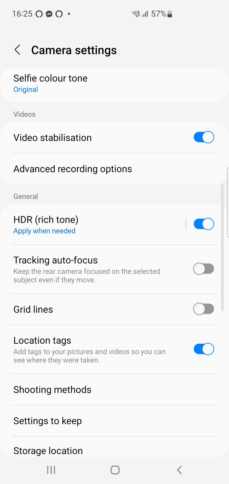 Samsung Galaxy Camera settings showing Location tags toggle turned on