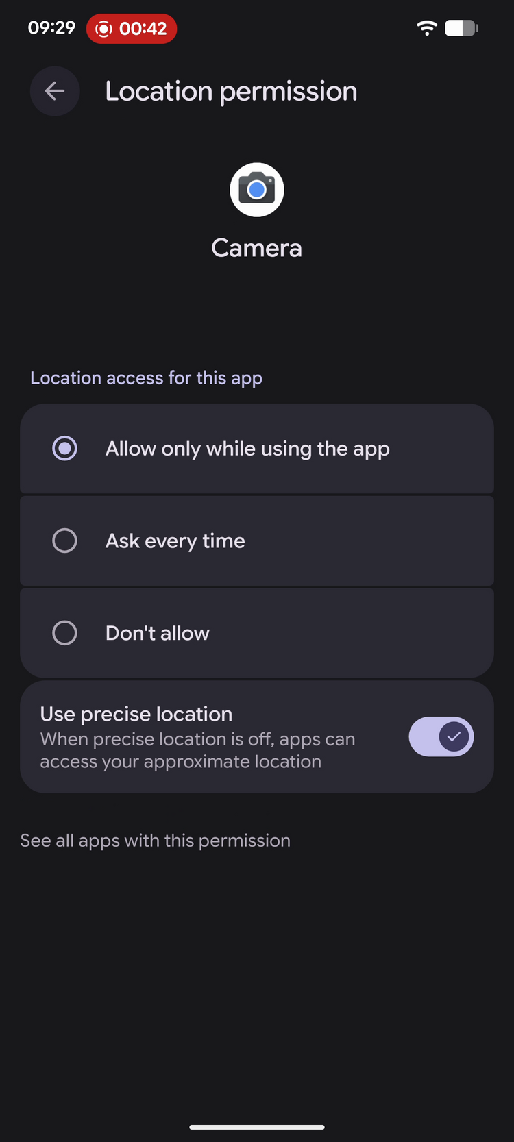 Google Pixel Camera location permission set to Allow only while using the app with Use precise location toggled on