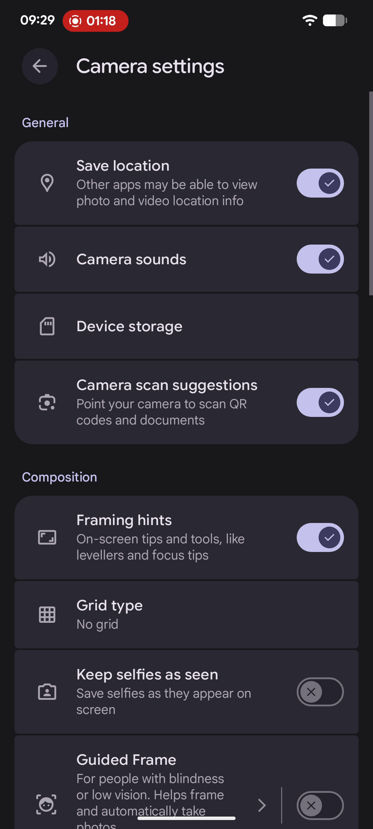 Google Pixel Camera settings showing Save location toggle turned on