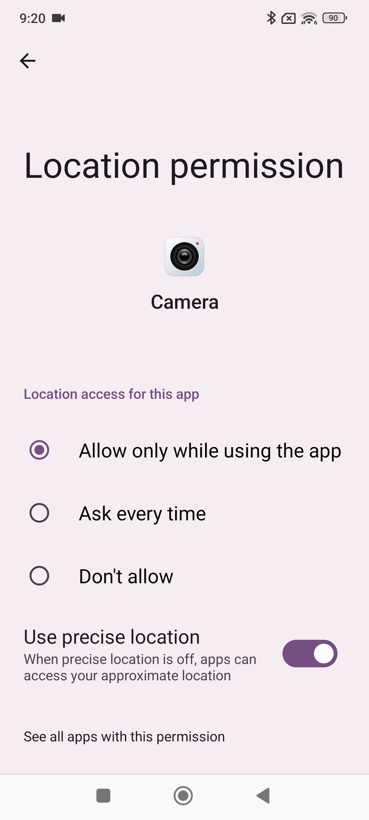 Xiaomi Camera location permission set to Allow only while using the app with Use precise location toggled on