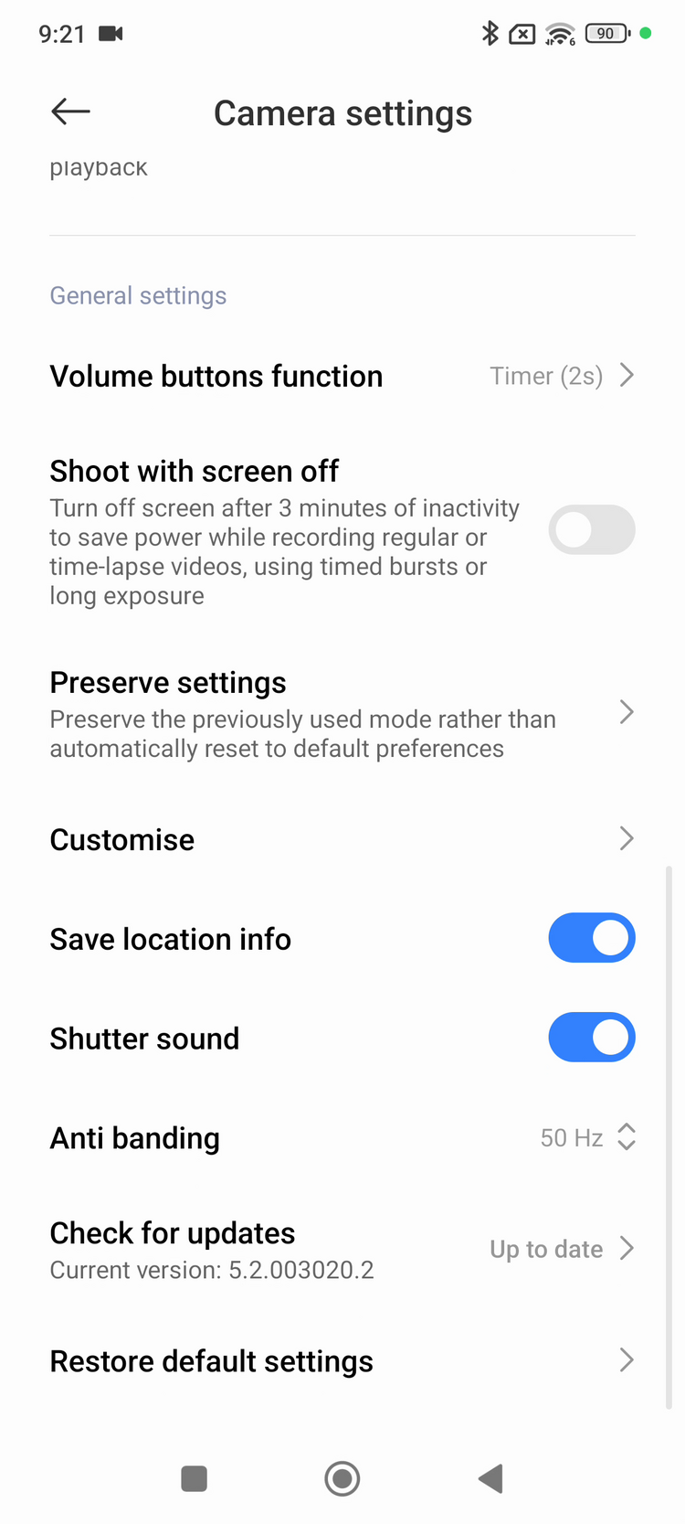 Xiaomi Camera settings showing Save location info toggle turned on