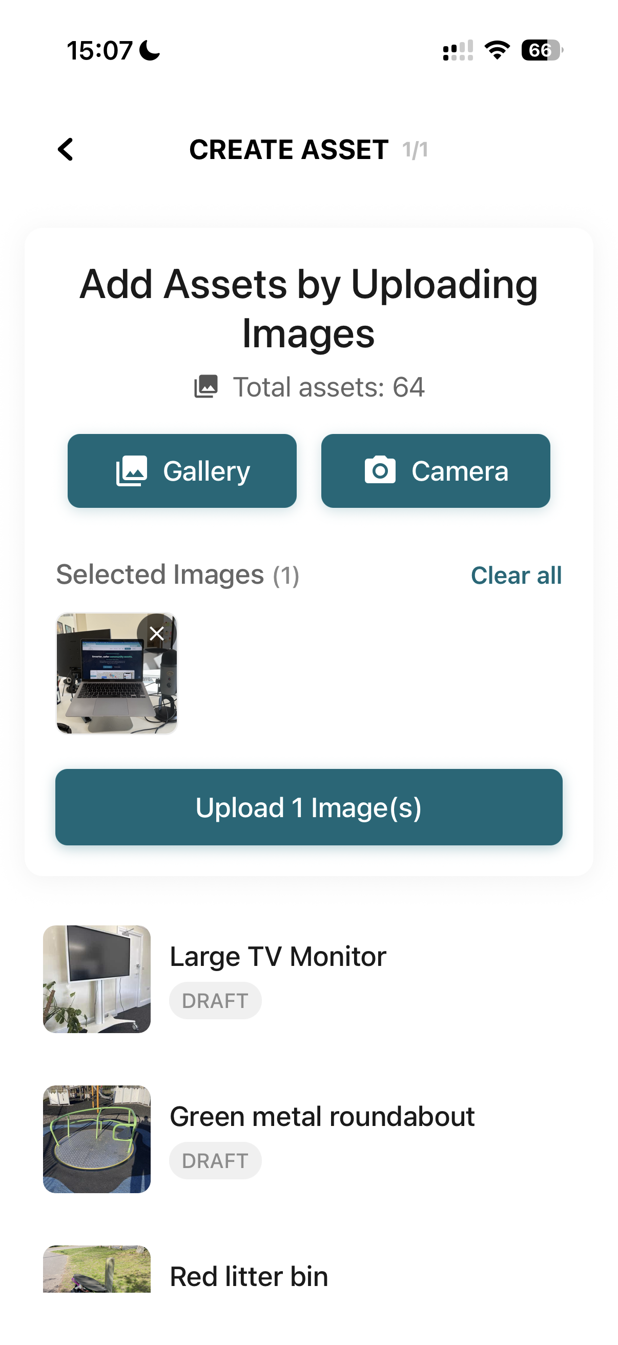 The Create Asset screen on the mobile app with Gallery and Camera buttons and a photo selected