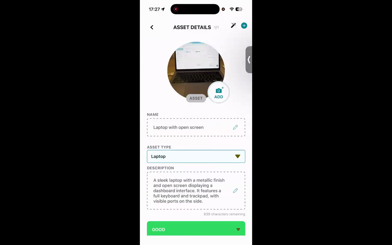 Asset Details screen on the mobile app showing AI-generated name, type, description, and condition