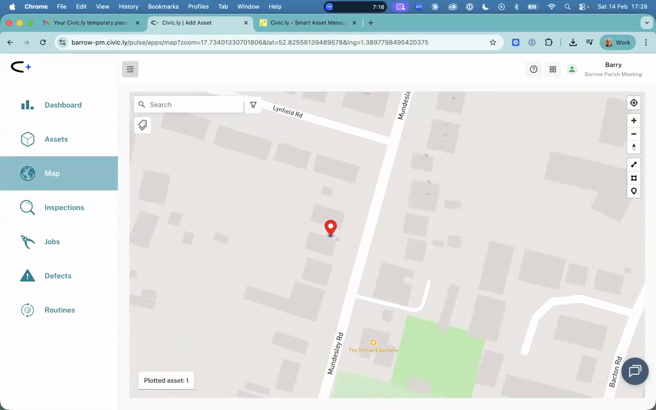 The Civic.ly map in the web app showing the new asset plotted at the correct location